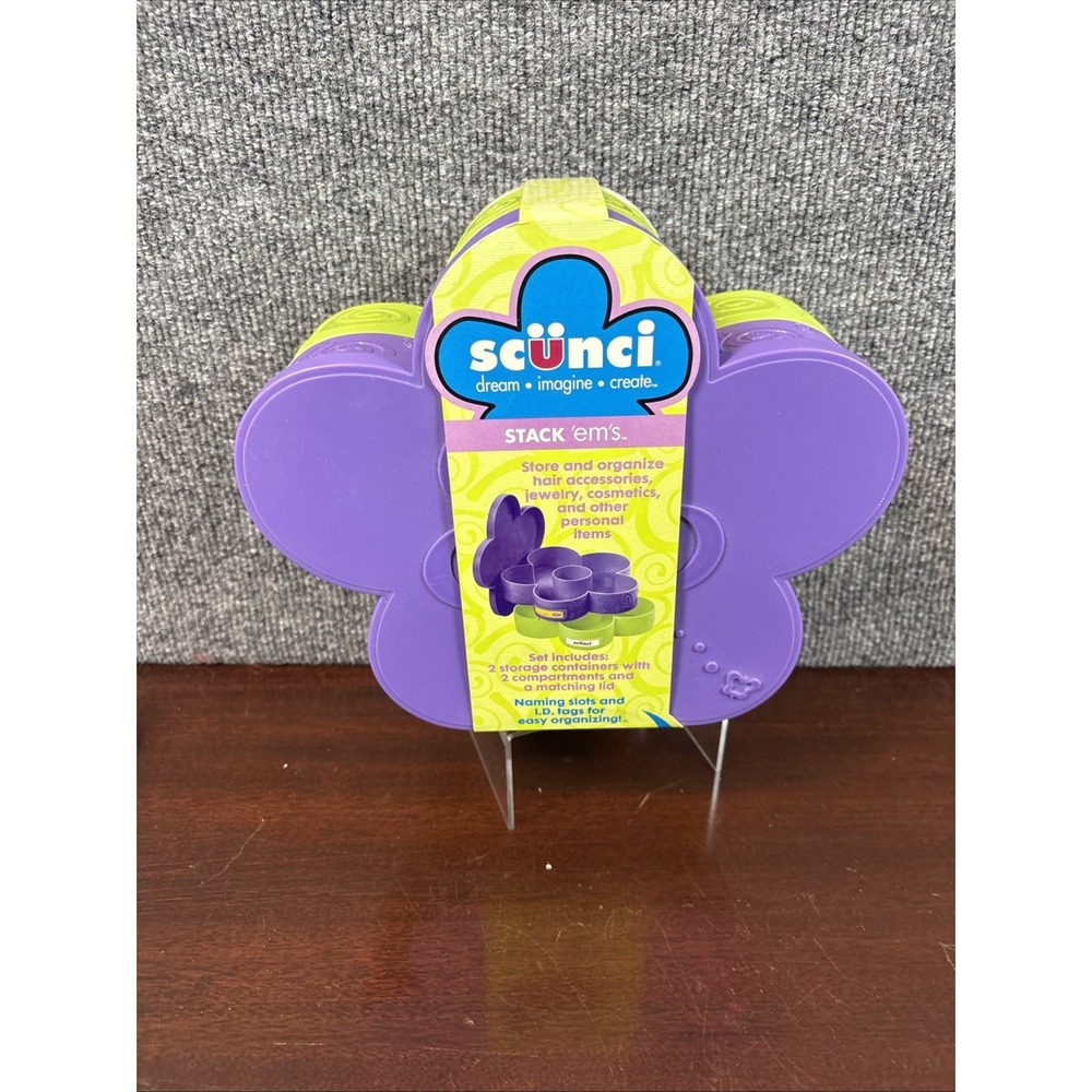 Scunci Stackems Flower Storage Container Set Purple Green Hair Jewelry Organizer